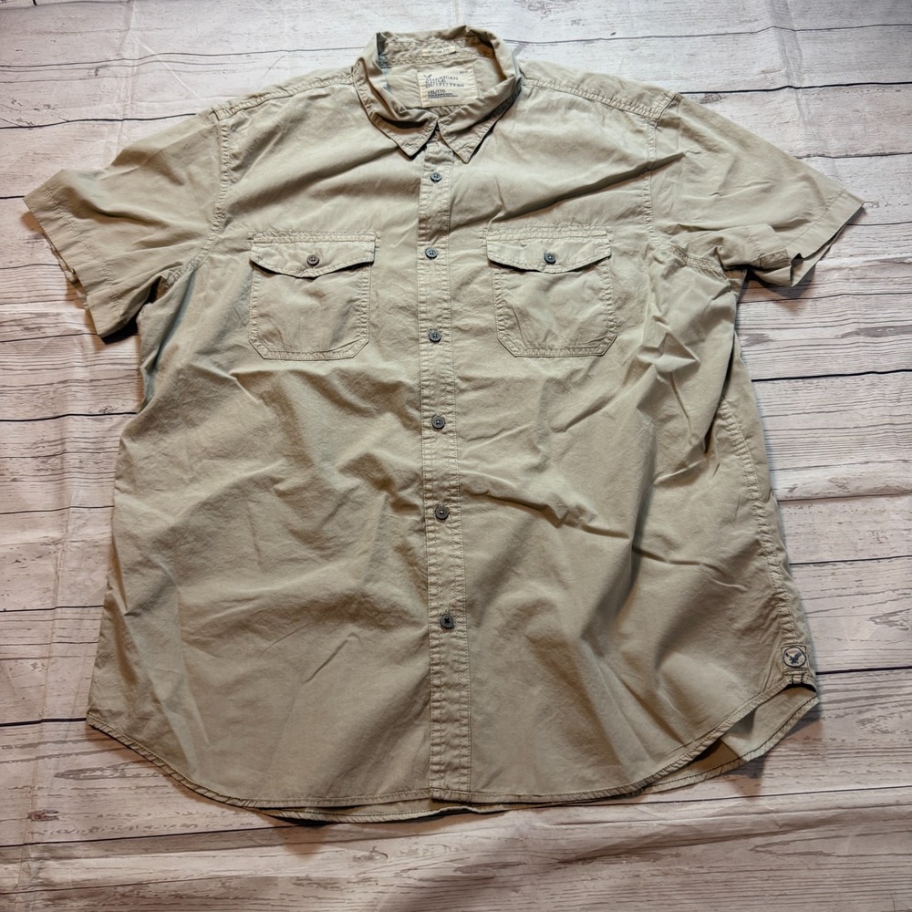 American Eagle Vintage Fit SS Button Down Safari Shirt Beige Tan Men's‎ Size XXL